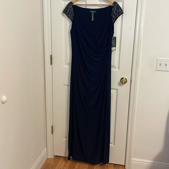 Ralph Lauren Evening Gown, Navy, beaded, full length, long, flattering, 16 - Picture 1 of 6